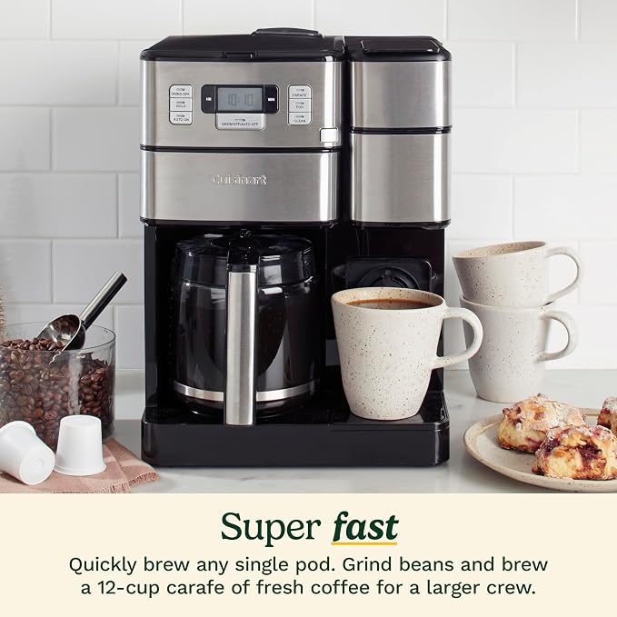 Cuisinart Coffee Maker, 2-in-1 Grinder/Brewer, Single Serve 8/10/12 oz | Grind & brew coffee machine with 12-cup glass carafe, drip-free spout, pod compatibility & 40-oz reservoir, SS-GB1