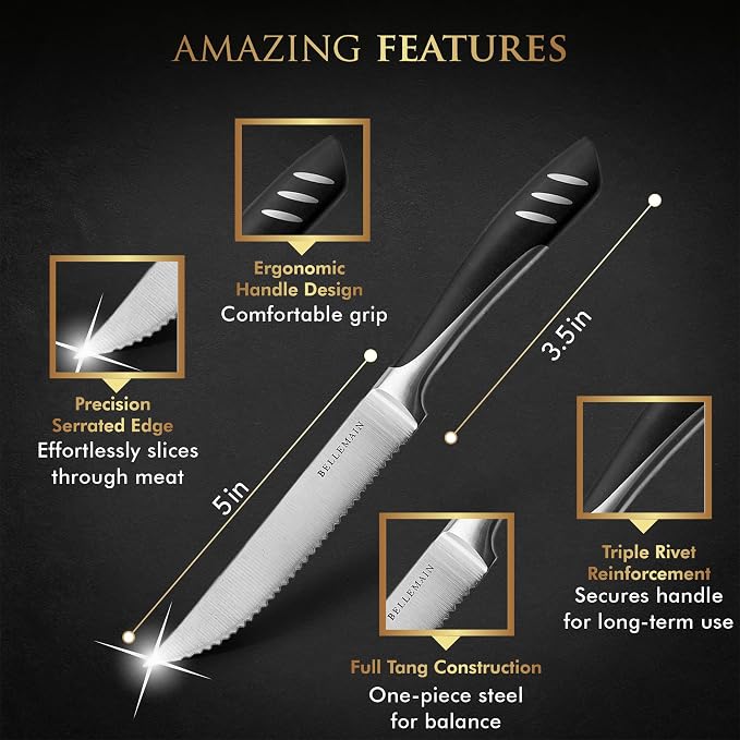 Bellemain Steak Knife Set of 8, Serrated Stainless Steel, Dishwasher Safe | Ergonomic Handle Design, Rust-Resistant Blades, Precision Serrated Edges, Enhanced Dining Experience at Home & Restaurants