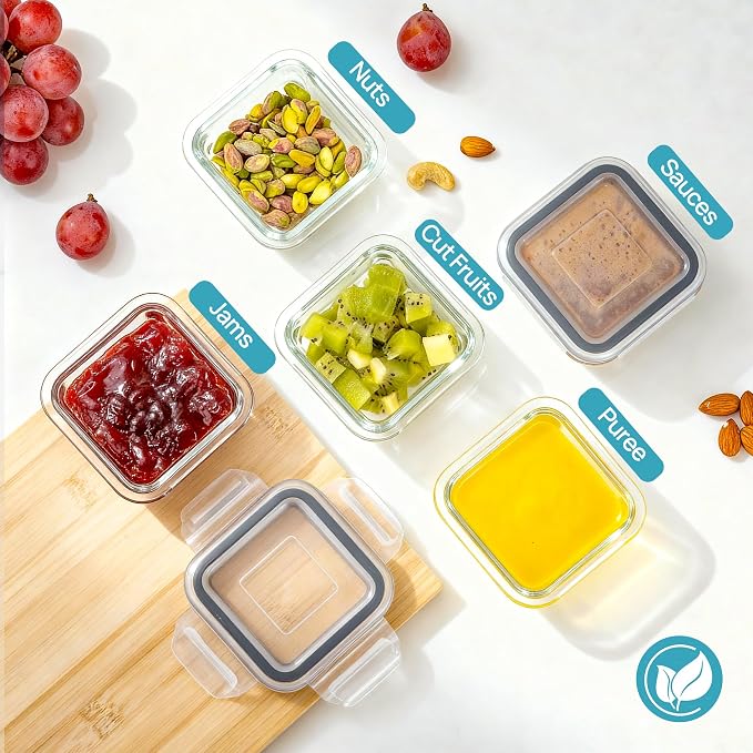Vtopmart 5Pack 5oz Small Glass Storage Containers Set With Lids, Grey | Glass Meal Prep Food and Sauce Container Sets with Snap Airtight Lid for Microwave, Oven, Freezer and Dishwasher, BPA Free