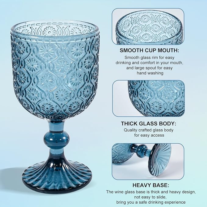 CHLJAR Colored Wine Glass Goblet Set of 6, 14 oz Blue Goblets Glassware, Blue Vintage Glassware for Weddings, Parties, Restaurants, Family Gatherings, Bars, Cafeterias, Dishwasher Safe