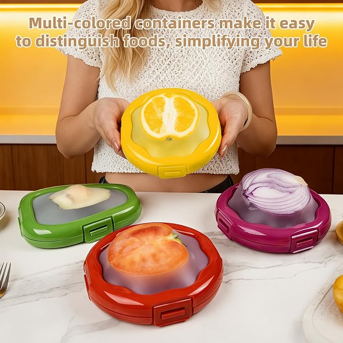 TQRR Avocado Saver and Lemon Holder- 4Pcs Fruit Fresh Storage Containers Reusable Silicone, Refrigerator Use, For Fruits & Vegetable Containers, Fits Apples, Lemons, Potatoes, Oranges,Tomatoes | Reusable Silicone, Refrigerator Use, For Fruits & Vegetab...