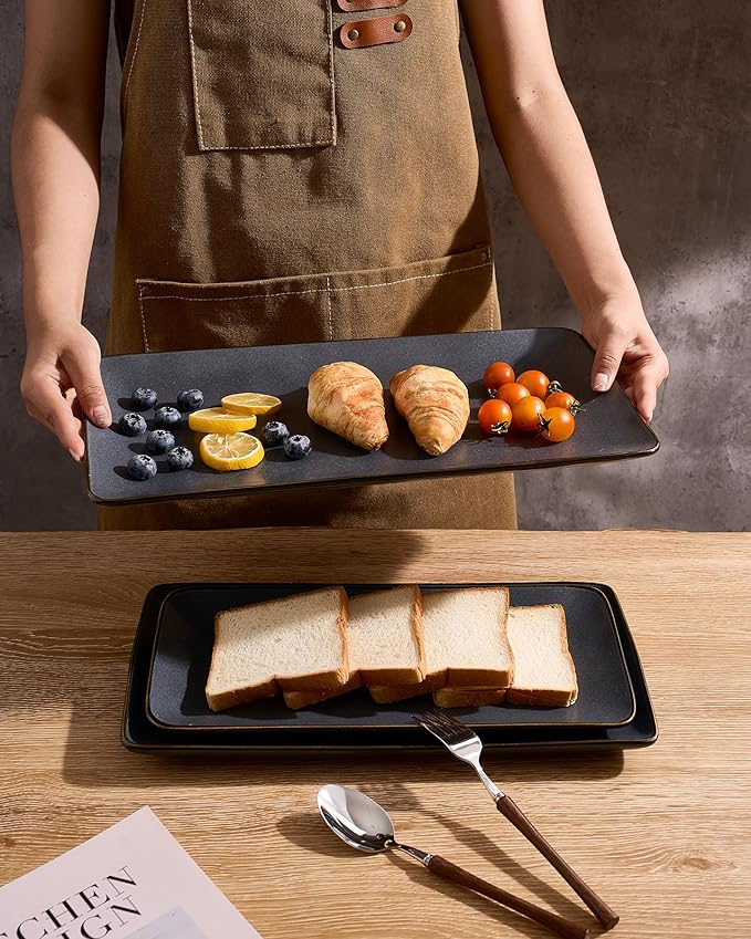 Famiware Serving Platters Set of 3 Sizes - Rectangular, Matte Dark Charcoal | 15.67"/14.1"/12.6" Fine Stoneware Serving Trays for Party, Entertaining for Food, Turkey, Cheese, Microwave Dishwasher Safe