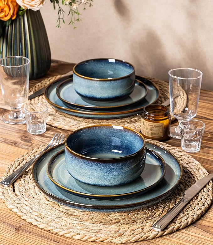Ceramic Dinnerware Set for 4, 12-Piece Plates and Bowls Set | Handmade Reactive Glaze Dish Set, Scratch Resistant, Oven & Microwave & Dishwasher Safe, Denim Blue
