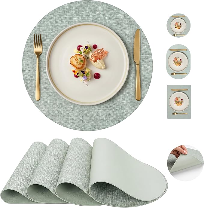 Faux Leather Placemats Set of 4, Wipeable Waterproof Stain Resistant Table Mats, Heat Resistant Thick Placemats with Hand-Painted Edges for Kitchen Dining, Imitative Linen Texture, Various Shapes