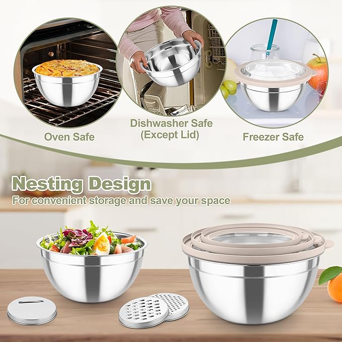 TeamFar Mixing Bowls, Stainless Steel Salad Serving Bowl with Clear Lids | with 3 Graters, For Kitchen Cooking Prepping Storing, Size 4.6/2.6/1.5/1/0.7 QT, Nesting & Airtight, Set of 5 & Khaki