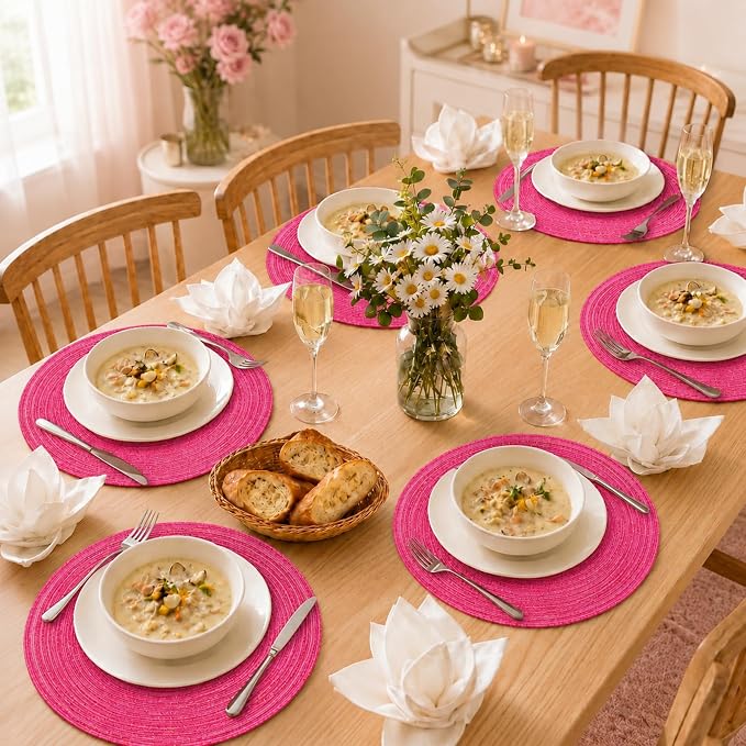 TaroKitc 15 in Round Placemats Set of 4, Washable Woven Placemats Heat Resistant Cotton Polyester Braided Table Mat, Non-Slip Circle Place Mats for Kitchen Dining Table Decor - Pink