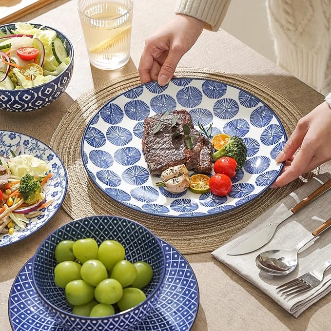 Selamica Ceramic Dinnerware Sets, 12 pcs Plates and Bowls Sets,Vintage Blue | Scratch Resistant Dishes set for 4, Dishwasher & Microwave Safe