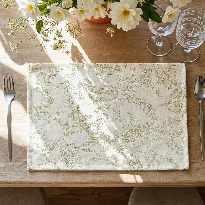 jinchan Linen Floral Placemats Set of 4 Farmhouse 13x19 Inch Green | Fabric Placemats, Cottage Style, Vintage Botanical Pattern, Machine Washable, Easy to Store, Reusable