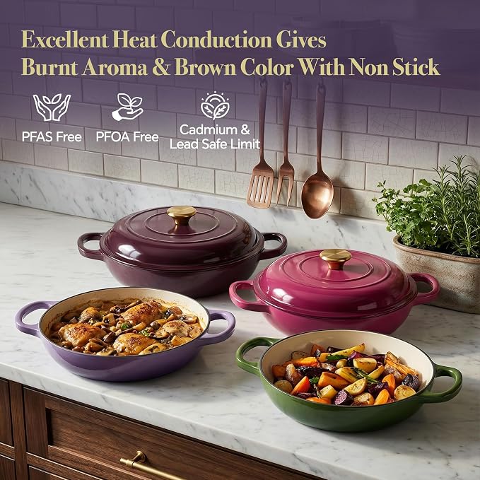 3 Quart Enameled Cast Iron Braiser, Non Stick Enameled Cast Iron Skillet with Lid, Dutch Oven Skillet with lid up to 500°F for Oven, Stove, Grill, Shallow Dutch Oven for Cook, Bake (Purple)