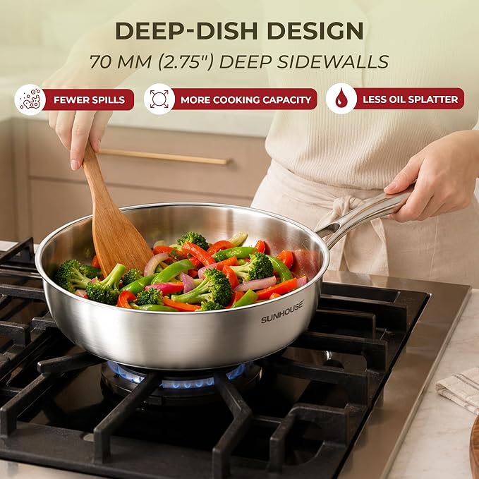 Sunhouse Stainless Steel Frying Pan 10 Inch | 18/8 3-Ply Clad Skillet with Stay Cool Handle, Oven and Dishwasher Safe, Induction Compatible