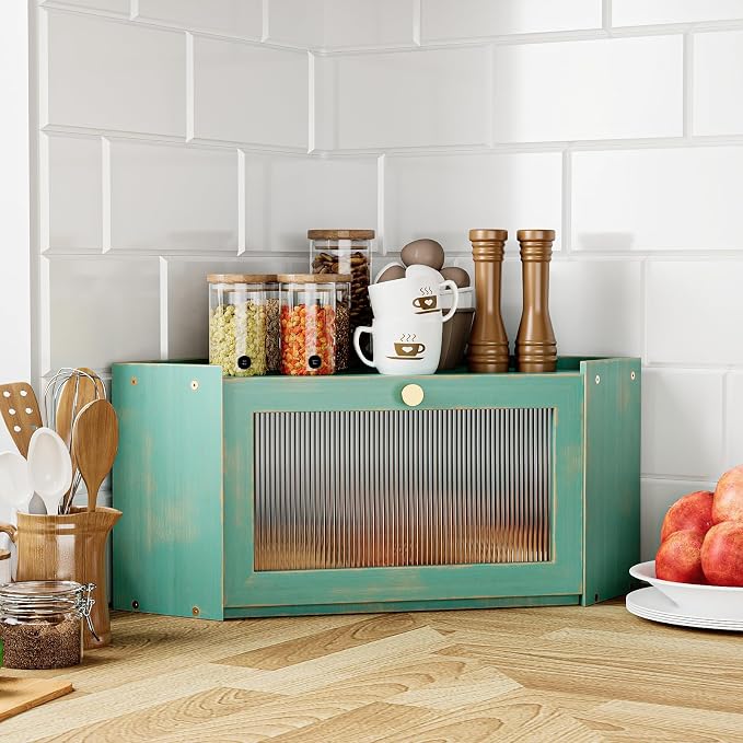 Trironsun Corner Bamboo Bread Box for Kitchen Counter Large Capacity Rustic Bread Storage Container with Wavy Arcylic Transparent Door Vintage Storage for Homemade Bread (Antique Blue)