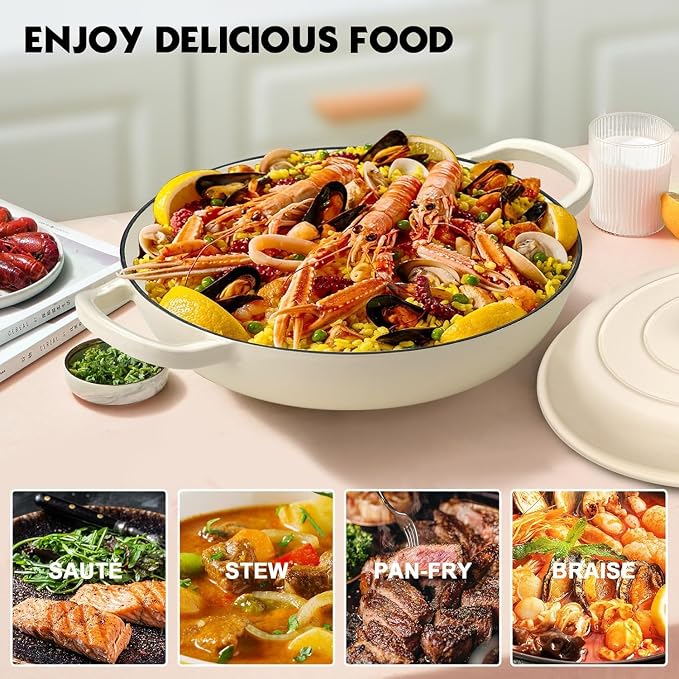 Overmont Enameled Cast Iron Dutch Oven - 3.8 QT Shallow Braiser with Recipe | Enameled Casserole with Lid Potholders, Oven Safe up to 500°F, Cast Iron Cookware for Grilling Searing Roasting Braising Bake