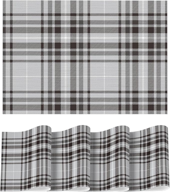 Artoid Mode Stripe Plaid Vinyl Placemats Set of 4, 12x18 Inch Washable Non-Slip Heat Resistant Plastic Place Mats for Party Dining Table, Grey