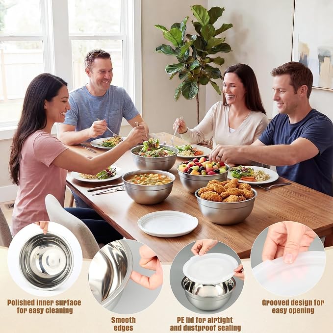 Geetery 6 Pack Stainless Steel Mixing Bowls with Airtight Lids 3qt Metal Mixing Bowl Thicker Stainless Steel Salad Bowls for Food Prep, Baking, Storage, Cooking, Serving Dishwasher Safe (White Lid)