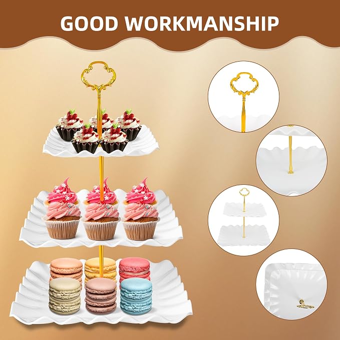 10 Pack Dessert Table Display Set, 4 Three-Tier Square Cupcake Stands and 6 Serving Trays for Cakes, Cupcakes, Pastries and Snacks, Baby Shower Decorations, Bridal Shower, Birthday, Wedding Party