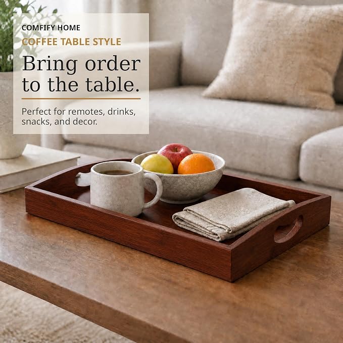 Comfify Dark Brown Bamboo Serving Trays Set of 3 – Nesting Ottoman Trays | Dark-stained bamboo with walnut tones; cutout handles; for coffee table, bar and bedroom dresser; S: 12", M: 14.5", L: 16.25"
