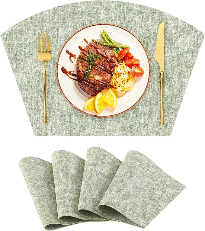 Homaxy Wedge Faux Leather Placemats for Round Table, Set of 4, Grass Green | Waterproof Wipeable Washable Table Mats, Easy to Clean Anti-Slip Place Mats, 11.8" x 17"