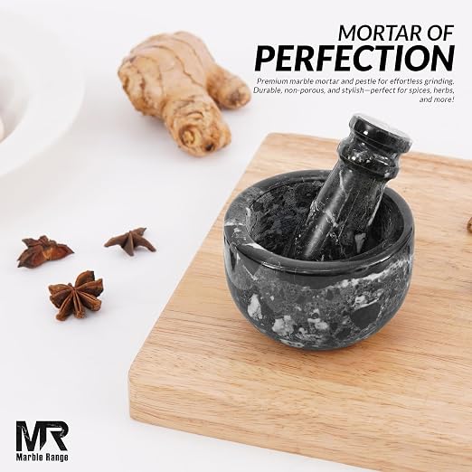 Marble Mortar and Pestle Set Black 3" Inches Handmade Garlic Crusher & Grinder Bowl, Mini Mortar and Pestle for Kitchen - Herb Grinder Spice Grinder