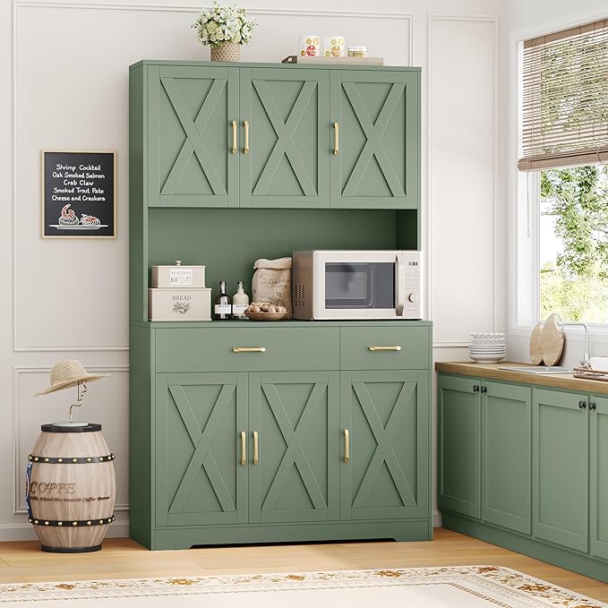 HOSTACK 71"H Kitchen Pantry Storage Cabinet, Farmhouse Hutch Cabinet, Green | Space-Saving Pantry Cabinet with Charging Station & 2 Large Drawers & Adjustable Shelves, Tall Kitchen Hutch, Dining Room