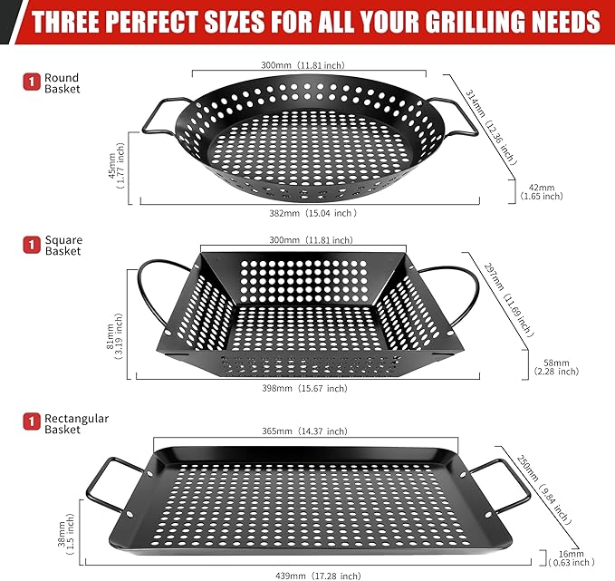 Qetumst 3 Piece Grill Baskets for Outdoor Grill, Vegetable Grilling Pan Set | Heavy duty grilling accessories. Vegetable grill baskets for veggies, seafood & meat. Warp resistant grill pan with handles.