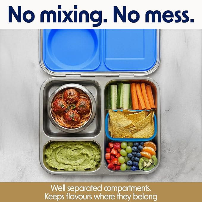 Stainless Steel Bento Lunch Box with 8 oz Insulated Food Jar – 54 oz – Leak-Resistant 3-Compartment Kids & Adult Metal Meal Container with Silicone Container and Thermo for Work & School, BPA-Free