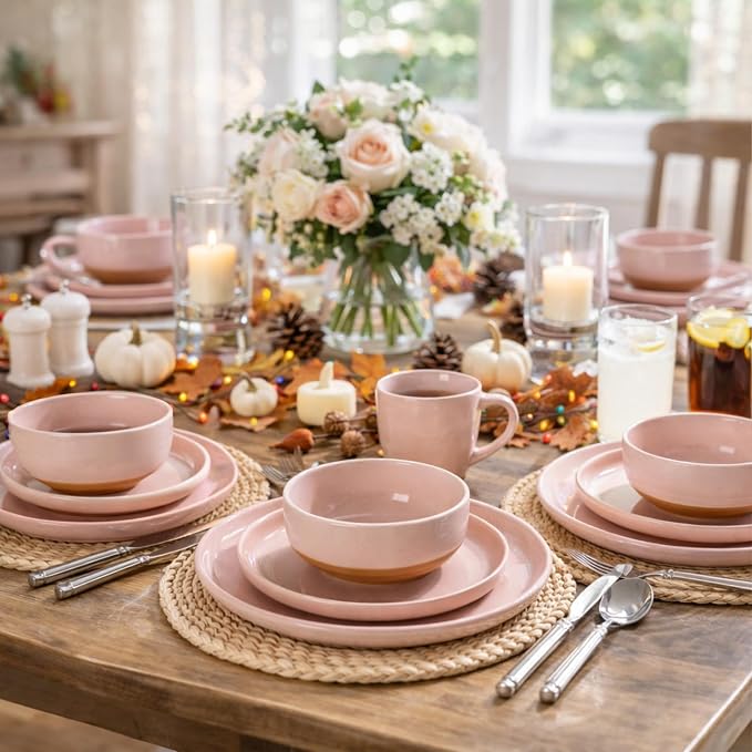 AmorArc Dinnerware Sets for 4, 12 Pieces Ceramic Plates and Bowls Set | Scratch Resistant Stoneware Dishes Set, Dishwasher & Microwave Safe, Cloud Pink