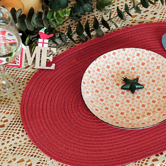 Placemats Set of 8, Woven Oval Braided Dining Table Mats(Red) | 12 x 17.5 Inch Size Fits Plates and Flatware; Hand Washable and Heat Resistant for Kitchen Use, with Farmhouse and Boho Style