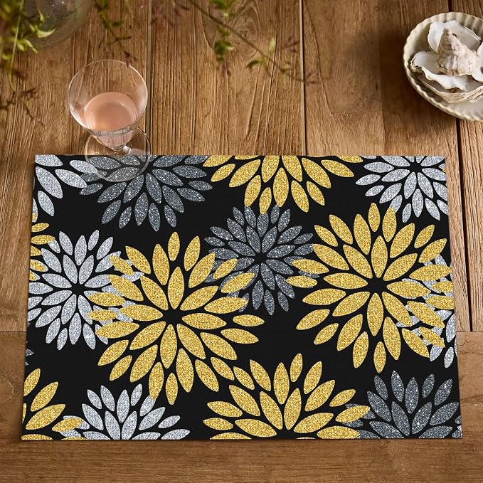 Artoid Mode Floral Vinyl Placemats Set of 4, 12x18 Inch New Year Washable Non-Slip Plastic Vinyl Place Mats for Party Kitchen Dining Decor, Yellow Black