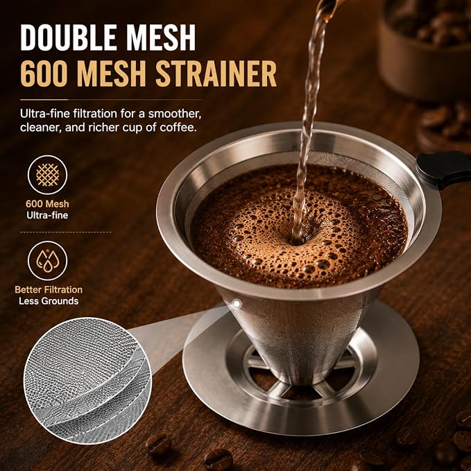 Pour Over Coffee Dripper, Reusable Stainless Steel 600 Mesh Coffee Filter | Paperless Double Mesh Pour Over Coffee Maker, Portable and Easy to Clean for 1-2 Cups with Heat-Resistant Silicone Handle