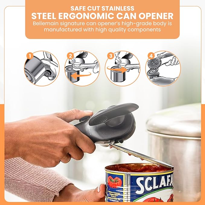 Bellemain Ergonomic Can Opener, Easy Safe-Cut for Seniors & Restaurants | Durable Heavy Duty Stainless Steel, Non-Slip Manual Easy to Turn Handle, Lightweight, Compact, and Travel Friendly