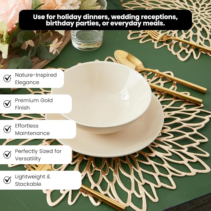 Juvale 20-Pack Gold Vinyl Placemats - Round Leaf Design Table Chargers for Dining Table Settings (14.4 Inches Place Mat)