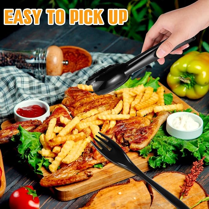 20Pcs Disposable Plastic Serving Utensils, Buffet Serving Utensils Set | 8 Black Plastic Serving Spoons, 4 Tongs, 8 Forks for Catering, Entertaining and Parties
