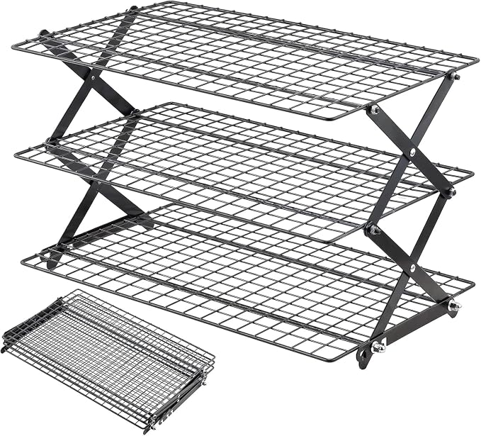 Pleafind 3 Tier Collapsible Cooling Rack - 4 Setting Design, Adjustable ＆ Stackable Baking Rack with X-Shaped Design and Leak-Proof Mesh Surface, Cooling Racks for Cooking and Baking, Dishwasher Safe