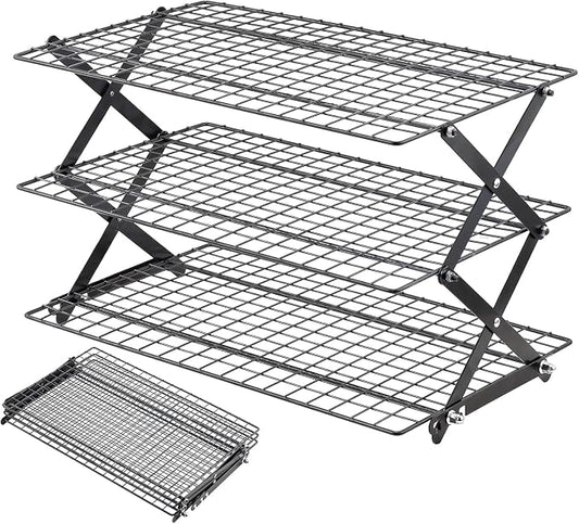 Pleafind 3 Tier Collapsible Cooling Rack - 4 Setting Design, Adjustable ＆ Stackable Baking Rack with X-Shaped Design and Leak-Proof Mesh Surface, Cooling Racks for Cooking and Baking, Dishwasher Safe