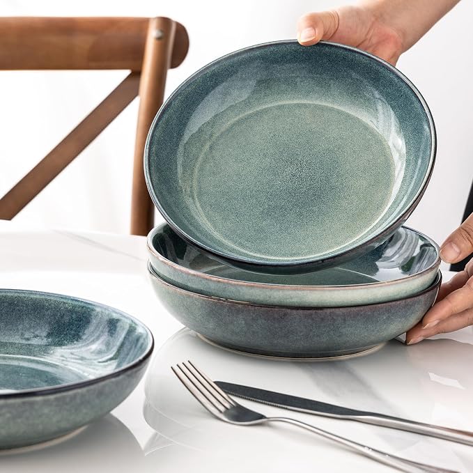 AmorArc 8.5’’ Ceramic Pasta Bowls Set of 4, 36oz Large Stoneware Bowls Set | Large Dinner Serving Bowls Set, Wide Bowl Plate for Pasta,Salad, Soup, Microwave Safe, Reactive Glaze-Ceylon Blue