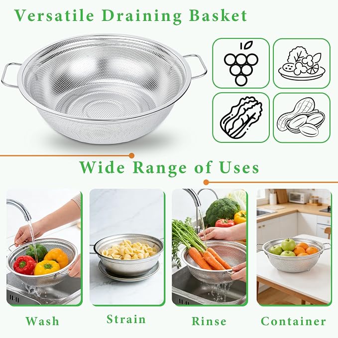Stainless Steel Colander Set of 3, Micro-Perforated Metal Kitchen Strainer Set with Handles & Feet for Draining Pasta, Washing Rice, Vegetables - Heavy Duty 18/8 Steel (2, 3, 5 Quart)