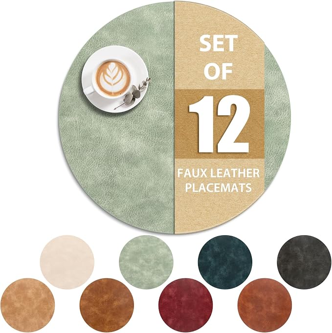 ADRIMER Placemats, Heat Resistant Round Placemats Set of 12 Washable, Waterproof Table Mats, Wipeable Faux Leather Place Mats for Kitchen, Dining Room, Green
