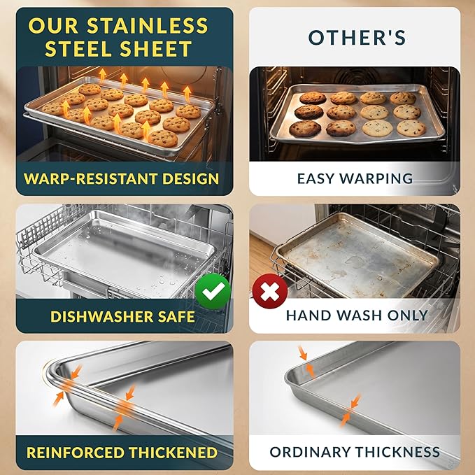 Stainless Steel Cookie Sheet Set of 2, 9" Baking Sheet Pans, Non-Stick | Mirror finish & rust-resistant; BPA-free and dishwasher safe; ideal for everyday oven roasting