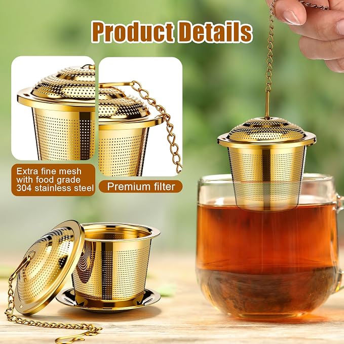 4 Pcs Tea Infuser Strainers for Loose Tea with Scoop, Extra Fine Mesh Steeper 304 Stainless Steel Diffuser Leaf Holder with Extended Chain Hook for Brew, Spices, Seasoning, Gold