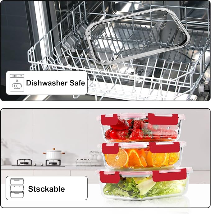 VERONES 10 PACK Glass Meal Prep Containers Set with Lids, Red | Airtight & Stackable Glass Food Storage Containers Set with Lids, for Microwave, Oven, Freezer & Dishwasher Friendly
