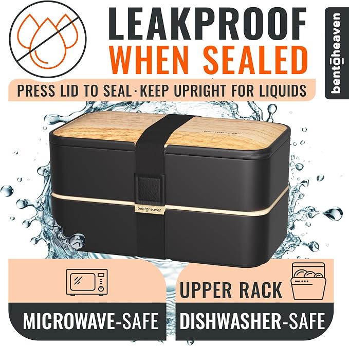 Bentoheaven Bento Box Adult, Stackable Lunch Box, 40 oz, Symph Onyx | BPA-free, leakproof and microwave-safe with 2 compartments, utensils, chopsticks, divider and sauce cup for men and women.