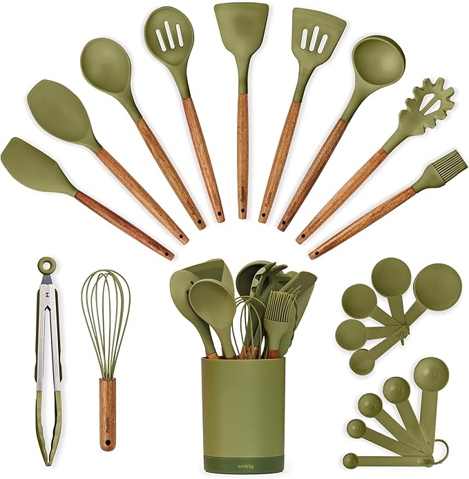 SMIRLY Silicone Kitchen Utensils Set, 22-Piece Acacia Wood Handle, Green | Cooking Utensils Set, Spatula Set with Utensils Holder, for Nonstick Cookware, for New Home & 1st Apartmen, BPA Free