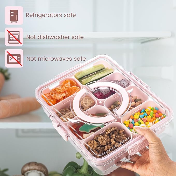 Dingerjar Divided Serving Tray with Lid and Handle - Snackle Box Charcuterie Container for Portable Snack Platters Organizer for Candy, Fruits, Nuts, Snacks - Perfect for Party, Entertaining, Yellow