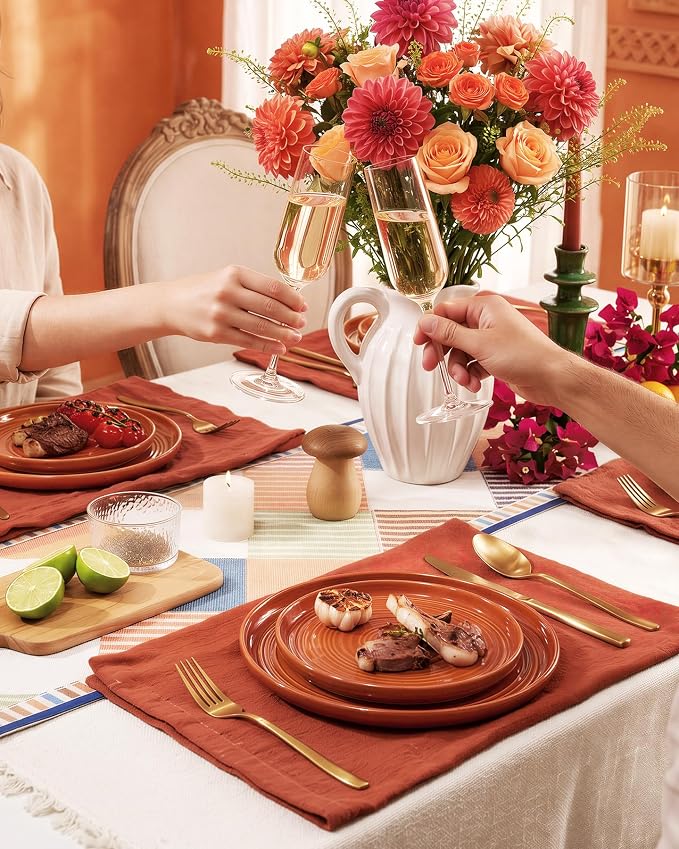 Dinnerware Set for 6, Ceramic Plates and Bowls, Terracotta | 18-Piece Ceramic Speckled Spiral Dishes, Chip & Scratch Resistant, Microwave & Dishwasher Safe, Everyday Use, Farmhouse Style