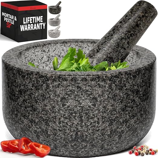 Heavy Duty Large 4 Cup Mortar and Pestle Set, 100% Natural Granite, 7 Inch Diameter Bowl, 7.2 Inch Pestle, Non-Slip Base, Stone Grinder for Guacamole Salsa Pesto Herbs Spices, Black