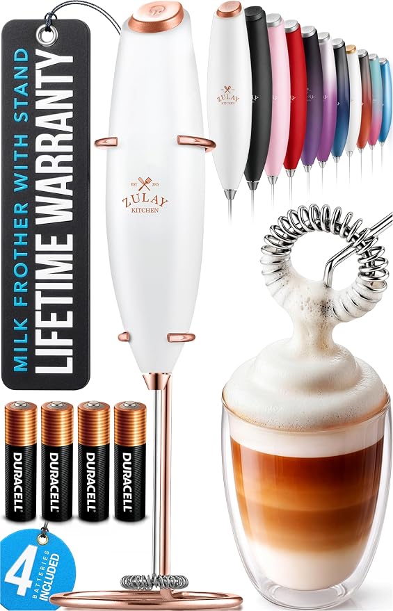 Zulay Kitchen Powerful Milk Frother Wand With Duracell Batteries - Ultra Fast Handheld Drink Mixer - Electric Whisk Foam Maker for Coffee, Lattes, Cappuccino & Matcha - Z1 Motor - White & Rose Gold