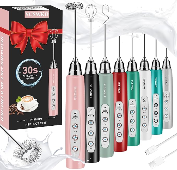 YUSWKO Handheld Milk Frother Wand for Coffee, Rechargeable Electric Whisk with 3 Heads 3 Speeds Drink Mixer Coffee Frother For Latte, Cappuccino, Hot Chocolate, Egg, Pink