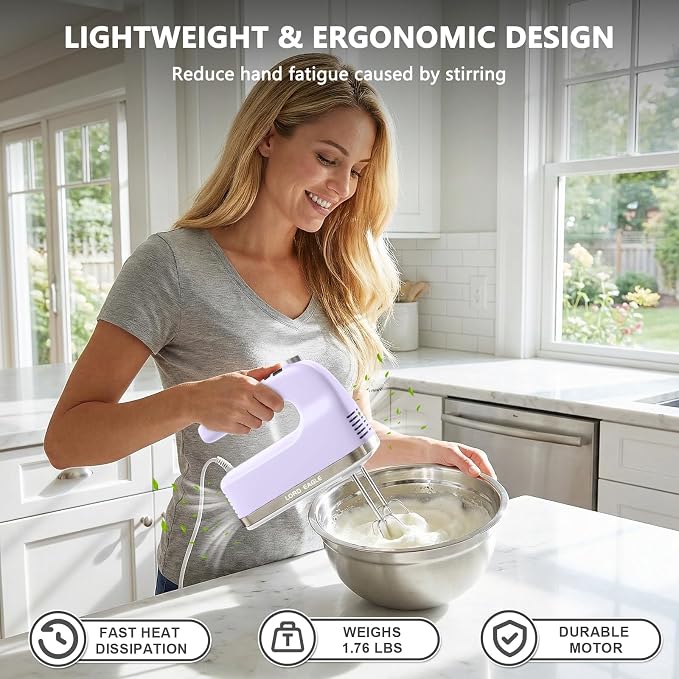 Lord Eagle 9-Speed Digital Hand Mixer Electric Handheld, 500W DC Motor | Kitchen Mixer for Cake Baking, Lightweight Egg Beaters with Stain-resistant & Waterproof Storage Bag & 6 Accessories, Purple