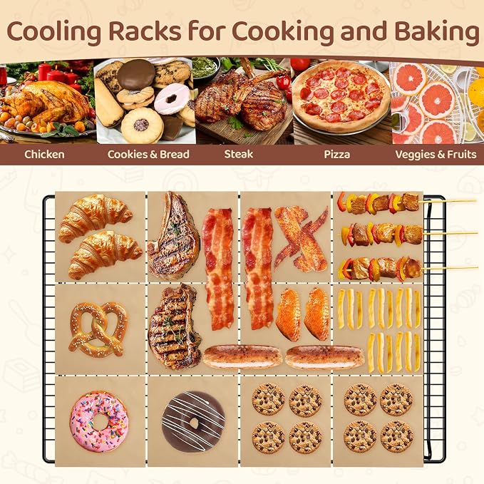 3 Tier 17" x 11" Cooling Rack for Cooking and Baking w/100 Papers | Drying Baking Rack for Baking Sheet, Stackable Cookie Cooling Rack for Pizza, Bread, Cake, Veggie, Jerky