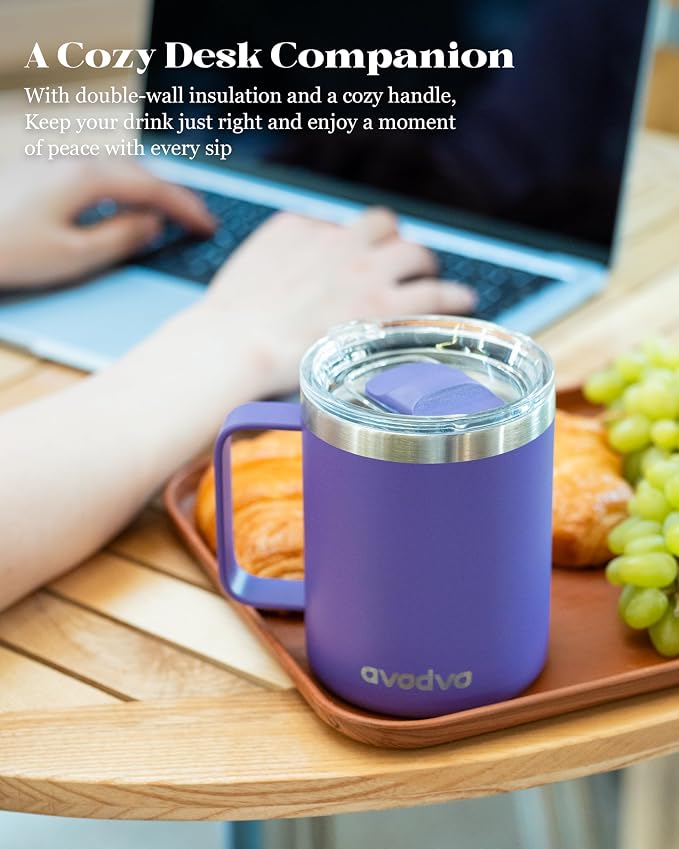 12oz Insulated Coffee Mug with Lid – Includes Two Lids, Stainless Steel Coffee Travel Mug with Handle, Double Wall Vacuum Insulated Camping Mug for Home, Office & Outdoor, Dark Purple